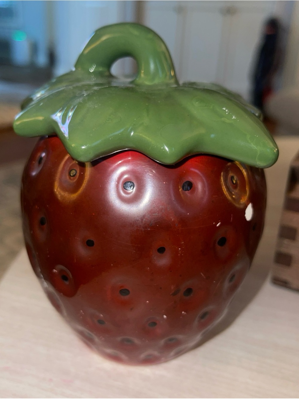 Vintage Ceramic Strawberry Small Jar With Stem Lid 5.75” tall X 4”wide Grannycor